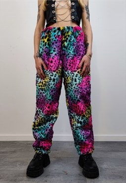 Leopard faux fur joggers raver pants fluffy animal trousers