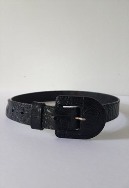 Vintage Black Leather Belt with Pipe Print Detail