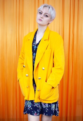 VINTAGE 80S PEA COAT BRIGHT YELLOW DOUBLE BREASTED BLAZER