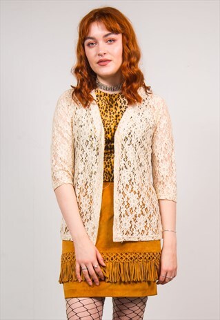 90'S FLORAL LACE MESH LOW CUT NECKLINE BLOUSE TOP SHIRT