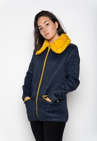 DARK BLUE YELLOW FAKE FUR QUILTED JACKET M