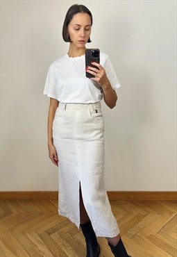 Cream White High Waist Linen Midi Skirt