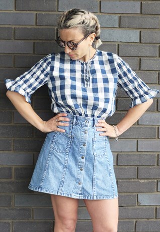 VINTAGE 1990S CHECKED CROPPED FRILL SLEEVE TOP
