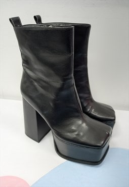 Black Platform Boots Leather Look Chunky