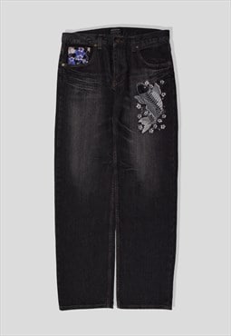 Vintage Japanese Embroidered Koi Denim Jeans in Black