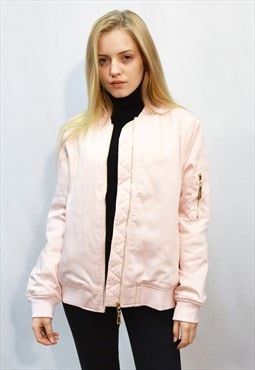 Oversized Satin Quilt Lining Bomber Jacket in Pink