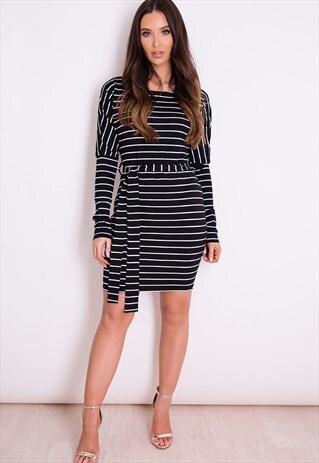 DARCY STRIPED LONG SLEEVE JERSEY DRESS BLACK & WHITE