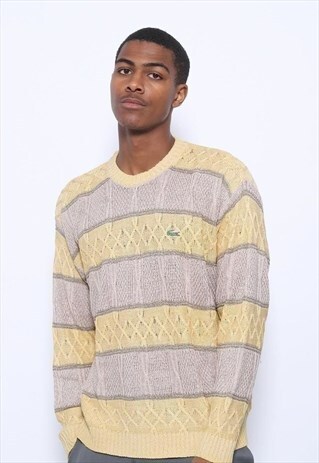 VINTAGE LACOSTE TEXTURED TWO TONE LOGO JUMPER YELLOW PINK