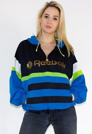 RARE 90'S REEBOK 1/4 ZIP HOODIE / SWEATSHIRT GOLD BLUE GREEN