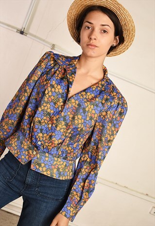 80'S RETRO FLORAL FESTIVAL PARIS CHIC BLOUSE SHIRT TOP