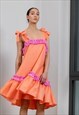 Peach Linen High Low Ruffle Dress