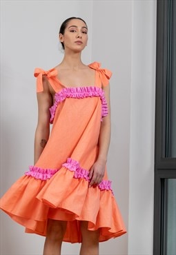 Peach Linen High Low Ruffle Dress