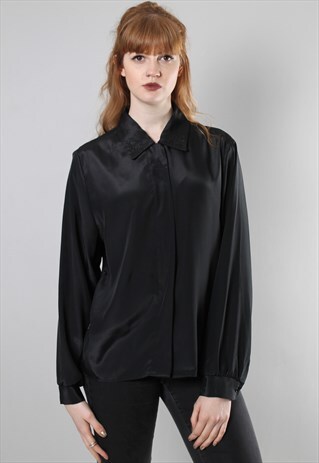 VINTAGE 80S BLACK SATIN EMBROIDERED BLOUSE