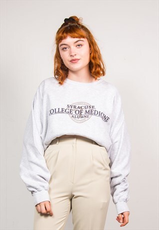 90'S VINTAGE LIGHT GREY COLLEGE USA STYLE OVERSIZE SWEATER