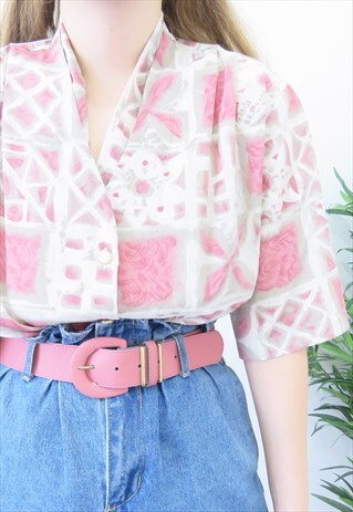 FUNKY 80S VINTAGE PINK & WHITE FLORAL BLOUSE SHIRT