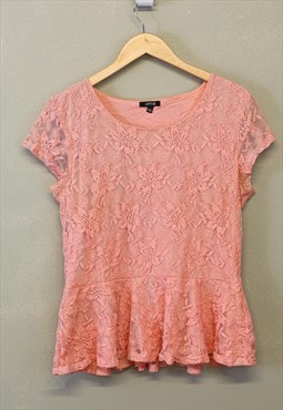 Vintage Y2K Ruffle Lace Top Peach Crewneck With Floral Print