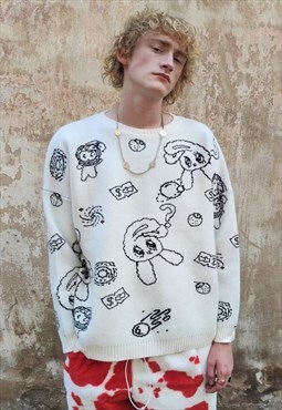 Bunny print sweater rabbit cartoon jumper in off white