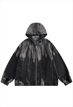 Hooded denim jacket acid wash grunge jean bomber black