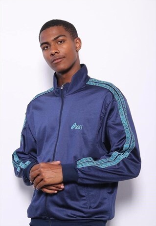 VINTAGE ASICS BIG TAPE LOGO TRACK TOP JACKET BLUE