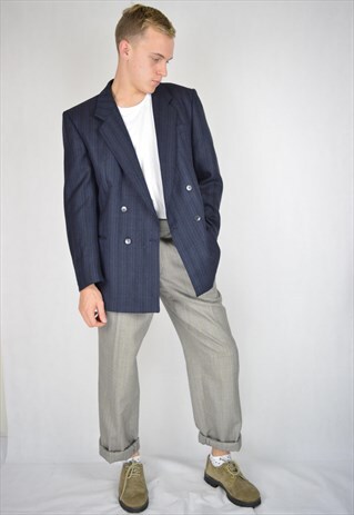 VINTAGE OVERSIZE DARK BLUE STRIPED BLAZER