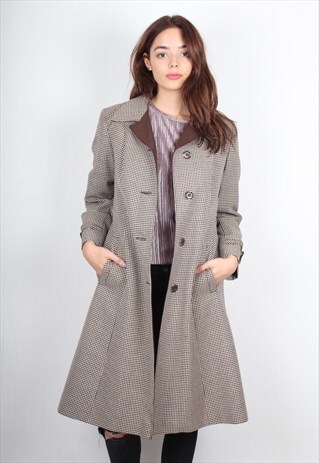 VINTAGE BROWN DOG TOOTH PATTERN LONG COAT