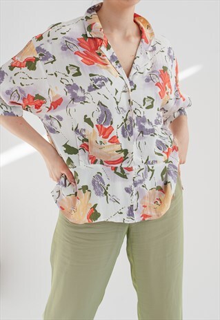 VINTAGE 80S SHORT SLEEVE PEPLUM HEM FLORAL SHIRT M