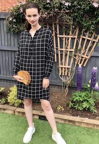 Long Sleeve Shirt Dress in Black and White Check