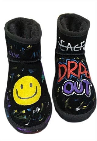 CUSTOMIZED PUNK BOOTS EMOJI PEACE SHOES IN BLACK