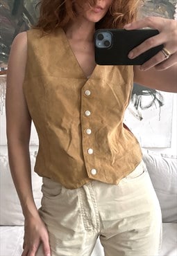 Beige Leather Retro Vest / Waistcoat - Large 