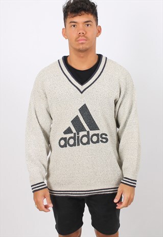 VINTAGE ADIDAS LARGE BEIGE PRINTED V-NECK SWEATSHIRT