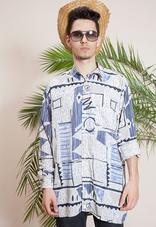 MENS VINTAGE LONG SLEEVE, ABSTRACT PRINT, BUTTON UP SHIRT