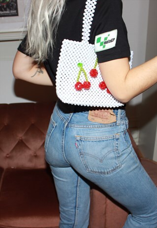 VINTAGE 90S WHITE BEADED CHERRY HANDBAG