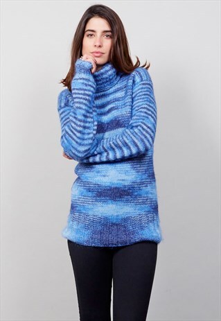 VINTAGE 70'S OVERSIZED BLUE ROLL NECK WOOL JUMPER