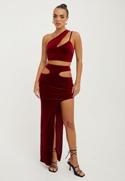 Red Velvet Cut Out Asymmetric Co Ord Two Piece Set