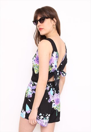 VINTAGE 90S BLACK FLORAL PRINT PLAYSUIT