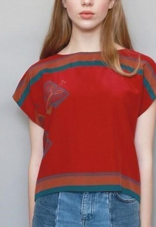 VINTAGE 1970'S CUTE SILK RED TRIBAL PATTERN CROP TOP