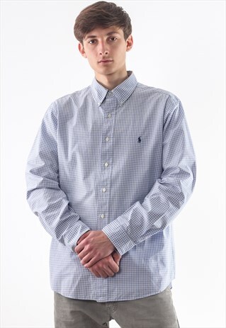 VINTAGE POLO RALPH LAUREN 90S BLUE LONG SLEEVE PLAID CHECK