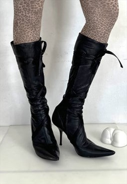 Vintage Y2K bandage pointed stiletto boots in spicy black 