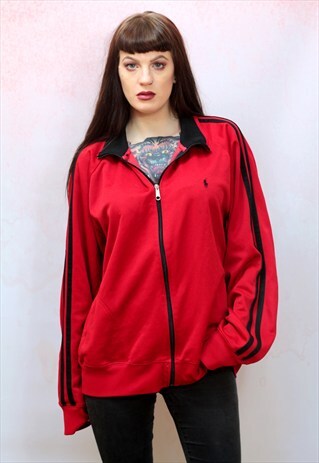 1990S VINTAGE RED AND BLACK ZIP UP TRACK SPORT JACKET