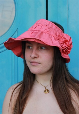 PINK FLOATY VISOR HAT WITH FLOWER BROOCH
