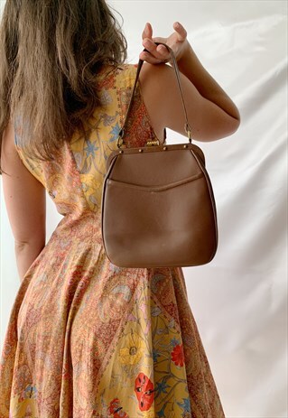 VINTAGE 60S BROWN REAL LEATHER CLIPPER SHOULDER BAG