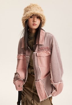 Reworked denim jacket vintage patchwork jean bomber in pink