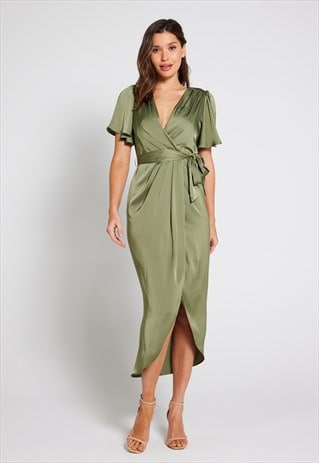 ELENA SHORT SLEEVE WRAP DRESS - OLIVE