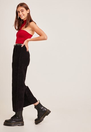 CROPPED PALAZZO TROUSERS - BLACK CORDUROY