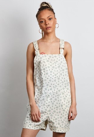 VINTAGE 90'S WHITE FLORAL PRING DUNGAREE SHORTS