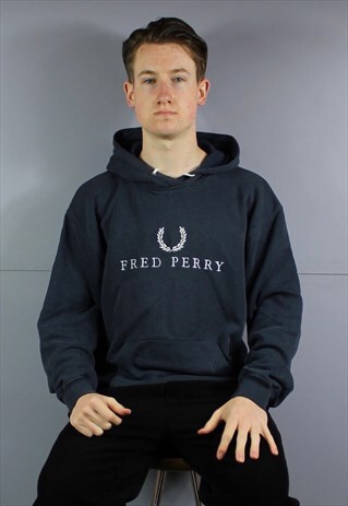 VINTAGE FRED PERRY HOODIE IN NAVY BLUE WITH POUCH POCKET AND