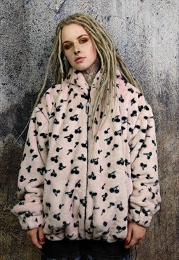 Cherry fleece hood jacket detachable fruit print bomber pink