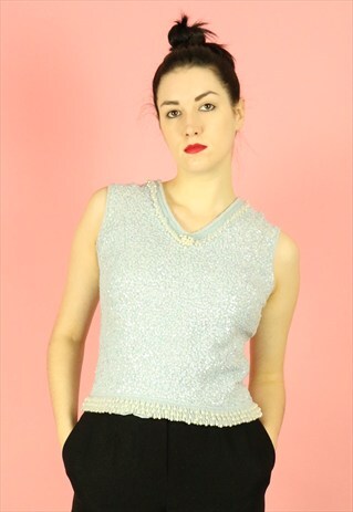 VINTAGE 60S SEQUIN BEADED BABY BLUE PARTY KNIT TOP CHRISTMAS
