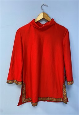 Vintage Blouse Red Collared Short Sleeve