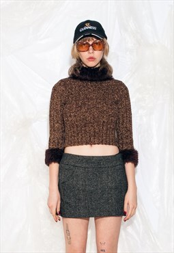 Vintage Y2K Knitted Crop Jumper in Brown w Faux Fur Neck